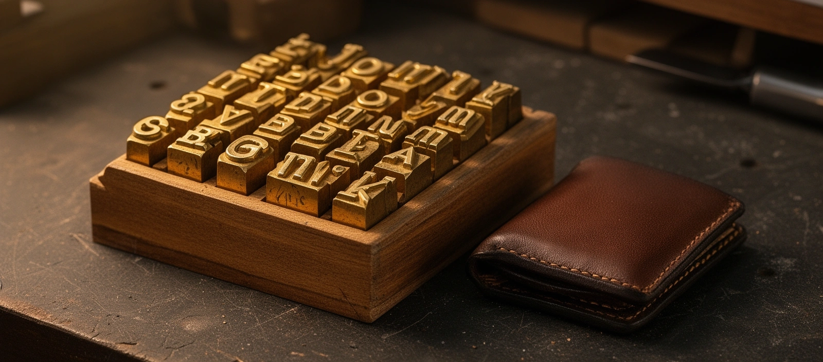 Punzoni in ottone in un vassoio di legno accanto a un porta carte